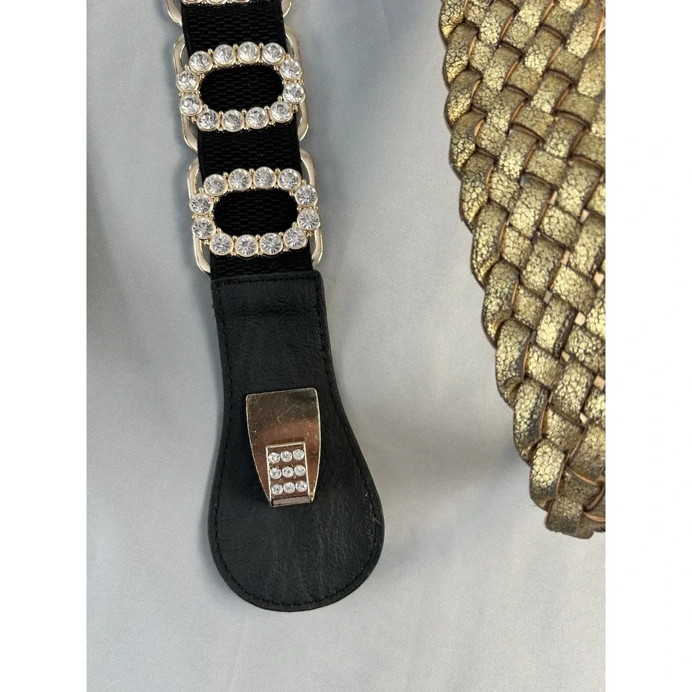 Womens Belt Lot 3 Rhinestone Stretch‎ Denim Grommet Gold Braided Boho